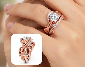 14k Rose Gold Celtic Engagement Ring Set, 2ct Lab Grown Diamond