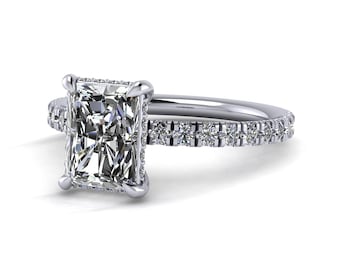 2 Carat Radiant Hidden Halo Engagement Ring Lab Grown Diamond Ring 14k White Gold French Pave Elongated Radiant Diamond Ring IGI Certified