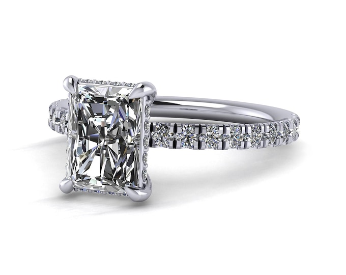 2 Carat Radiant Hidden Halo Engagement Ring Lab Grown Diamond Ring 14k White Gold French Pave Elongated Radiant Diamond Ring IGI Certified