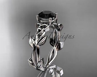 Diamond Celtic Triquetra Wedding Ring 14k White Gold Black Diamond Leaf Vine Engagement Ring For Women