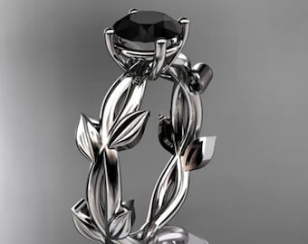 1 Carat Black Diamond Engagement Ring Leaf 14k White Gold Black Diamond Nature Inspired Ring