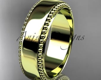 14k Solid Yellow Gold Flat Wedding Band High Polish Beaded Milgrain Ring
