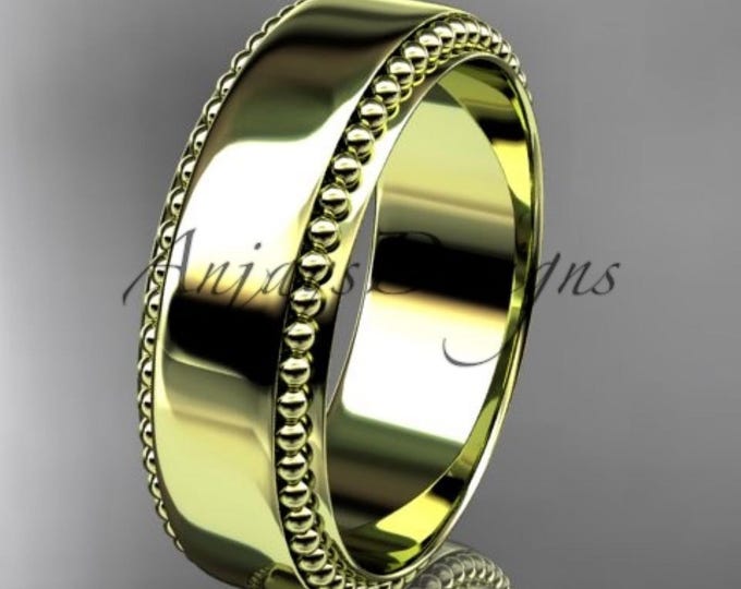 14k Solid Yellow Gold Flat Wedding Band High Polish Beaded Milgrain Ring