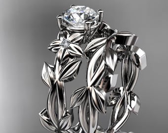 1 CT Lab Grown Diamond Engagement Set Nature Inspired Ring Leaf Band Unique Solid Gold Bridal Set