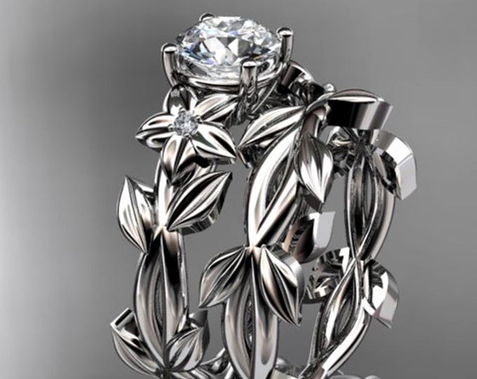 1 CT Lab Grown Diamond Engagement Set Nature Inspired Ring Leaf Band Unique Solid Gold Bridal Set
