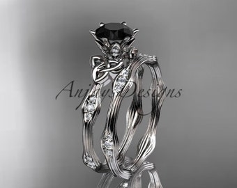 Celtic Irish Trinity Knot Black Diamond 14k White Gold Engagement Ring Set