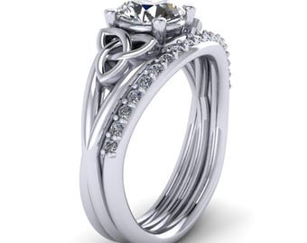 Celtic Diamond Bridal Engagement Set Handmade 14k White Gold Lab Grown Diamond IGI Certified