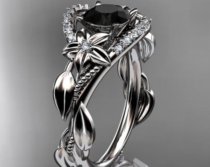 Nature Inspired Black Diamond Engagement Ring 14k White Gold Vine Leaf Wedding Ring