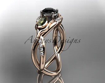 Tulip Engagement Ring 14kt Rose Gold Diamond tulip flower leaf and vine Engagement Ring Black Diamond