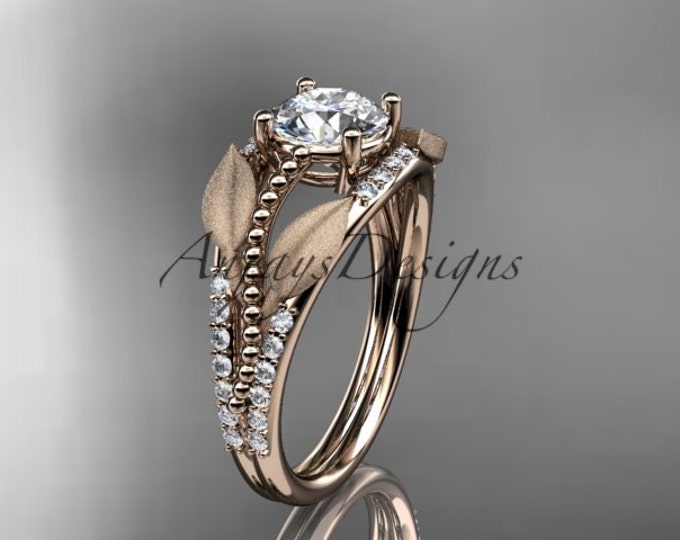 Leaf Engagement Ring Rose Gold Engagement Ring Diamond Leaf and Vine Wedding Ring Beaded Ring Unique Engagement Ring Wedding Ring