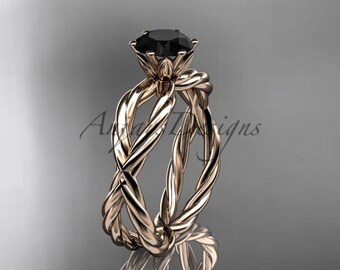 Twisted Rope Unique Engagement Ring Black Diamond 14k Rose Gold Solitaire Wedding Ring Anniversary Gift