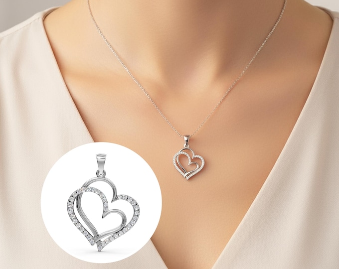 14k Solid Gold Diamond Double Heart Pendant Necklace Lab Grown Diamond Minimalist Jewelry