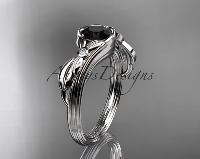 Unique Black Diamond Leaf Engagement Ring 14k White Gold Wedding Ring