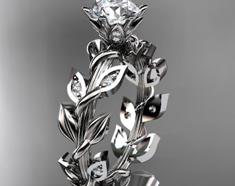 1 Carat Round Lab Grown Diamond Leaf and Vine Engagement Ring Unique Nature Inspired Diamond Ring 14k White Gold