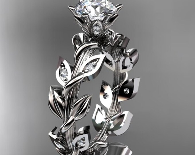 1 Carat Round Lab Grown Diamond Leaf and Vine Engagement Ring Unique Nature Inspired Diamond Ring 14k White Gold