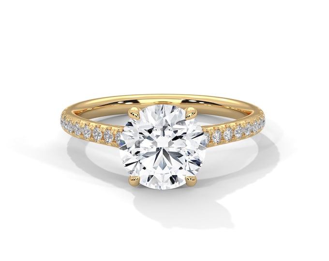 2 Carat Round Lab Grown D VS1 Diamond Ring - 2 CT Round Diamond Thin Engagement Ring - Dainty Ring - 14k Yellow Gold Diamond Ring