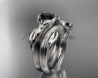 Unique Floral Bridal Set Engagement Set Bridal Wedding Set Black Diamond Bridal Set White Gold Wedding Set Unique Wedding Set