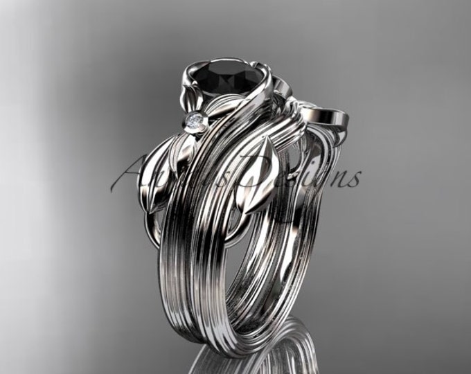 Unique Floral Bridal Set Engagement Set Bridal Wedding Set Black Diamond Bridal Set White Gold Wedding Set Unique Wedding Set