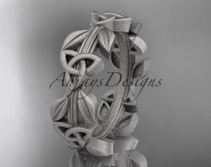 Leaf Inspired Matte Wedding Band 14k White Gold Celtic Engagement Band