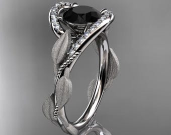1 Carat Round Cut Black Diamond Nature Inspired Engagement Ring 14k White Gold Leaf Proposal Ring