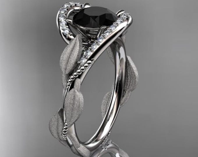 1 Carat Round Cut Black Diamond Nature Inspired Engagement Ring 14k White Gold Leaf Proposal Ring