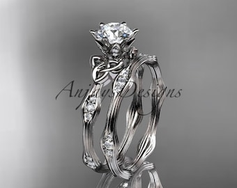 Brilliant Forever One Moissanite 14k White Gold Trinity Knot Celtic Bridal Ring Set