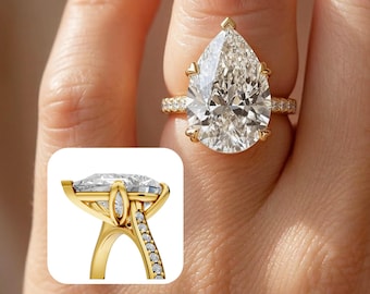 7 Carat Pear Cut Lab Grown Diamond Engagement Ring Side Round Diamond Wedding Ring 18k Yellow Gold