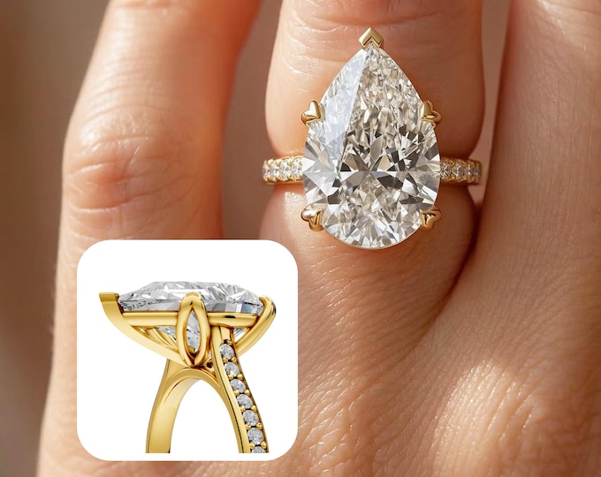 7 Carat Pear Cut Lab Grown Diamond Engagement Ring Side Round Diamond Wedding Ring 18k Yellow Gold