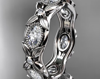 Unique Nature Inspired Diamond Wedding Band 14k White Gold Flower Ring Oval Cut Lab Grown Diamonds Botanical Wedding Ring