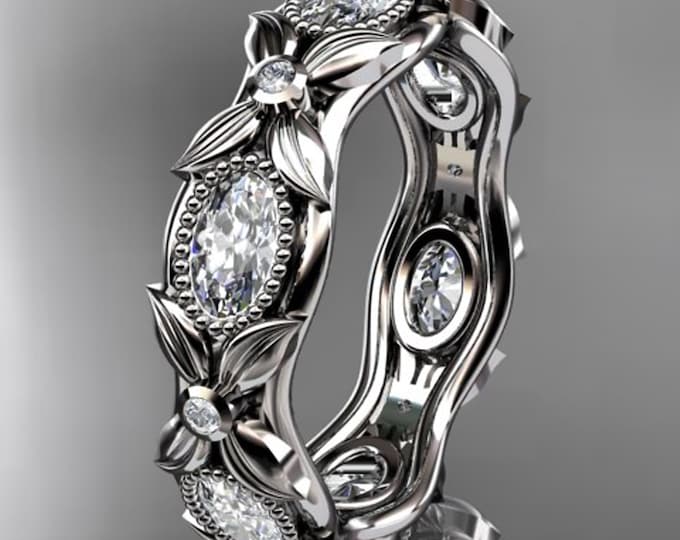 Unique Nature Inspired Diamond Wedding Band 14k White Gold Flower Ring Oval Cut Lab Grown Diamonds Botanical Wedding Ring