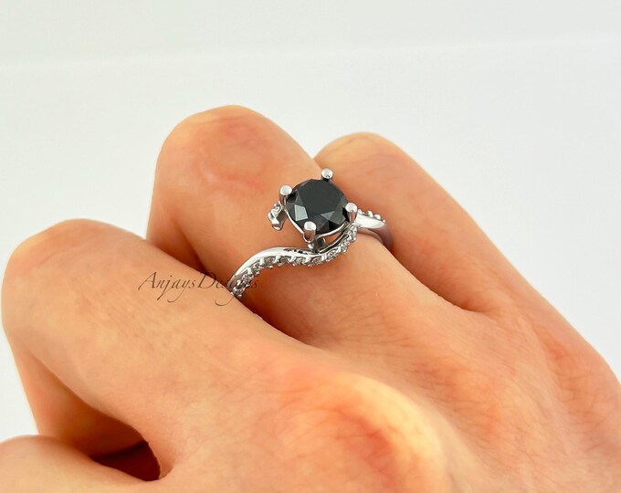 Round 1 Carat Black Diamond Engagement Ring Unique White Gold 14k Proposal Ring For Women