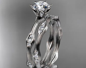 1 Carat Lab Grown Round Cut Lab Diamond Nature Inspired Engagement Ring Set Matching Round Branch Wedding Band 14k White Gold