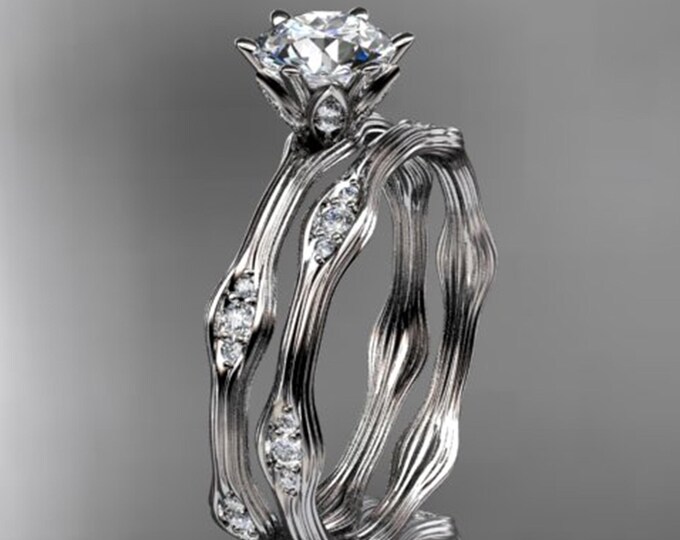 1 Carat Lab Grown Round Cut Lab Diamond Nature Inspired Engagement Ring Set Matching Round Branch Wedding Band 14k White Gold