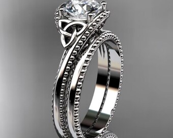 Celtic Engagement Ring Set 1 Carat IGI Certified Lab Grown Round Diamond Bridal Set 14k White Gold Irish Ring