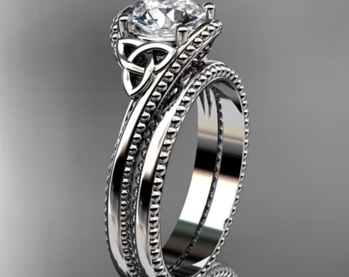 Celtic Engagement Ring Set 1 Carat IGI Certified Lab Grown Round Diamond Bridal Set 14k White Gold Irish Ring