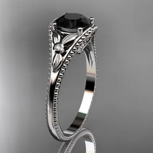 1 Carat Round Cut Black Diamond Ring Nature Inspired Engagement Ring 14k White Gold Thin Engagement Ring Dainty Solitaire