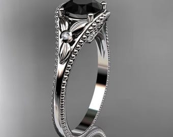 1 Carat Round Cut Black Diamond Ring Nature Inspired Engagement Ring 14k White Gold Thin Engagement Ring Dainty Solitaire