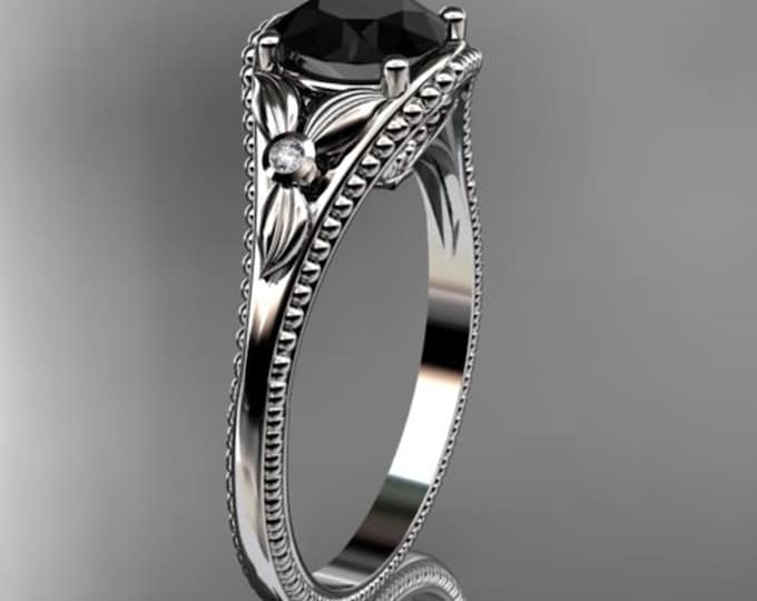 1 Carat Round Cut Black Diamond Ring Nature Inspired Engagement Ring 14k White Gold Thin Engagement Ring Dainty Solitaire