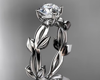 1 Carat Round Lab Grown Diamond Leaf Engagement Ring Unique Nature Inspired Diamond Ring IGI Certified 14k White Gold