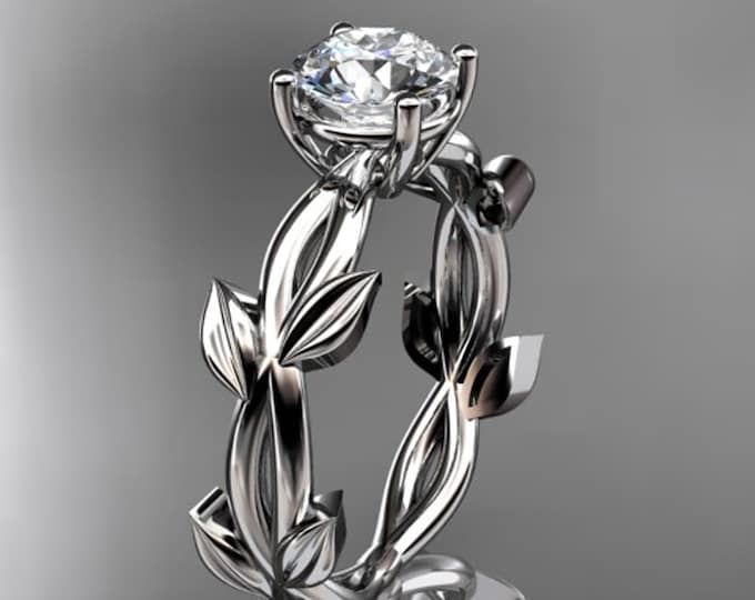 1 Carat Round Lab Grown Diamond Leaf Engagement Ring Unique Nature Inspired Diamond Ring IGI Certified 14k White Gold