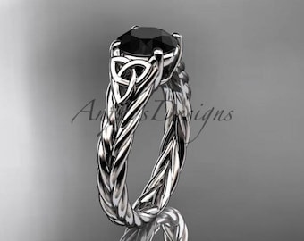 Round Black Diamond Solitaire Wedding Rings 14k White Gold Celtic Trinity Knot Irish Engagement Ring For Her