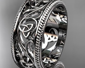 14k White Gold Celtic Wedding Band Nature Inspired Trinity Knot Ring Irish Wedding Ring