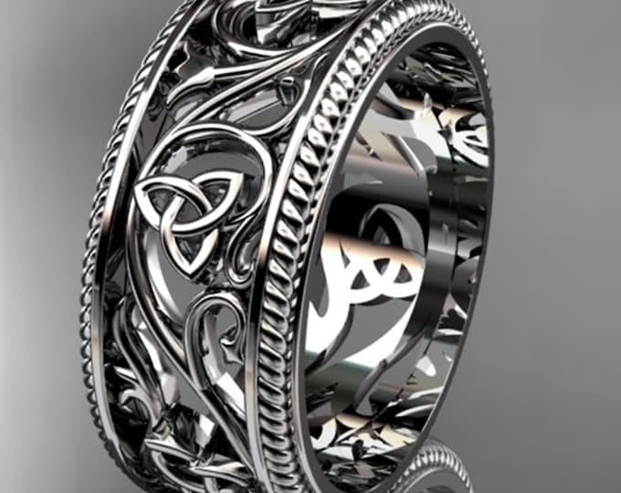 14k White Gold Celtic Wedding Band Nature Inspired Trinity Knot Ring Irish Wedding Ring