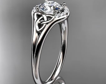 1 CT Round Lab Grown Diamond Halo Engagement Ring 14k White Gold Celtic Trinity Knot Ring Round Cut CVD Diamond Ring