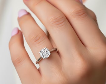 1 Carat Round Lab Grown Diamond Ring Minimalist Solitaire 4 Prongs Thin Ring Round Diamond Solitaire Engagement Ring 14k White Gold