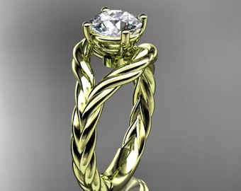 Twisted Rope Engagement Ring 14K Yellow Gold 1 Carat Round Lab Grown Diamond IGI Certified Rope Bridal Ring