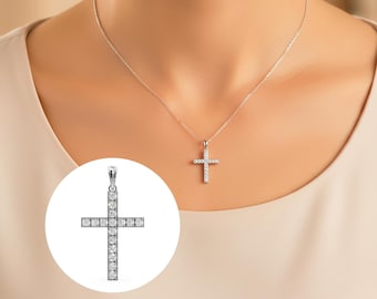 14K Solid Gold Diamond Cross Necklace Lab Grown Diamond Christian Pendant Religious Jewelry Baptism Necklace