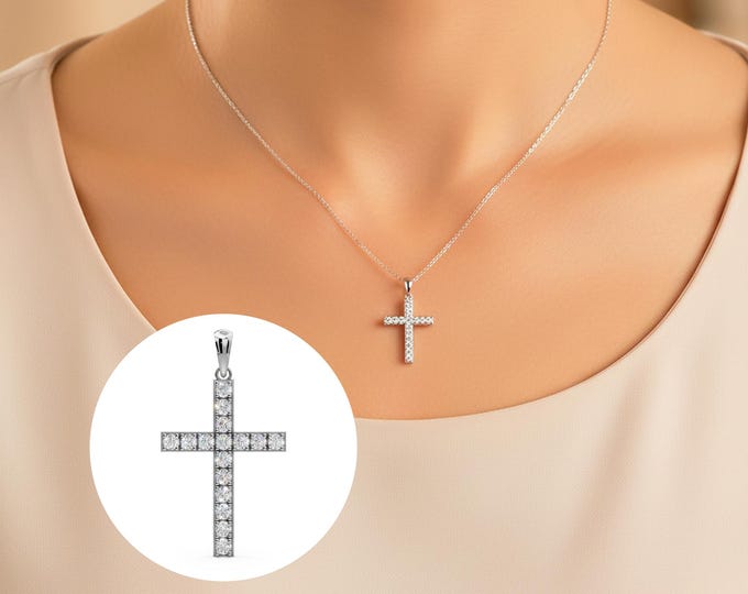 14K Solid Gold Diamond Cross Necklace Lab Grown Diamond Christian Pendant Religious Jewelry Baptism Necklace