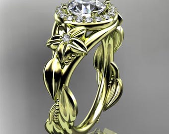Nature Inspired Round Lab Grown Diamond Engagement Ring Leaf and Vine Halo Diamond Wedding Ring 14k Yellow Gold IGI Certified