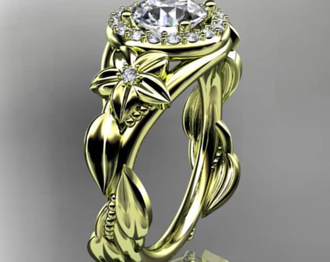 Nature Inspired Round Lab Grown Diamond Engagement Ring Leaf and Vine Halo Diamond Wedding Ring 14k Yellow Gold IGI Certified